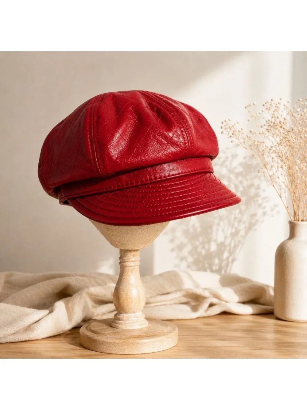 Wilsons Leather Red Moto Hat VTG Quilted Newsboy Cabbie Cap Bold Y2K Baker Boy